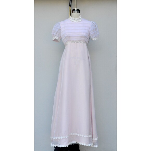 Vintage 60s Maxi Pink White Floral Dress - Gunne Sax Style Bohemian Wedding XS - Picture 5 of 10